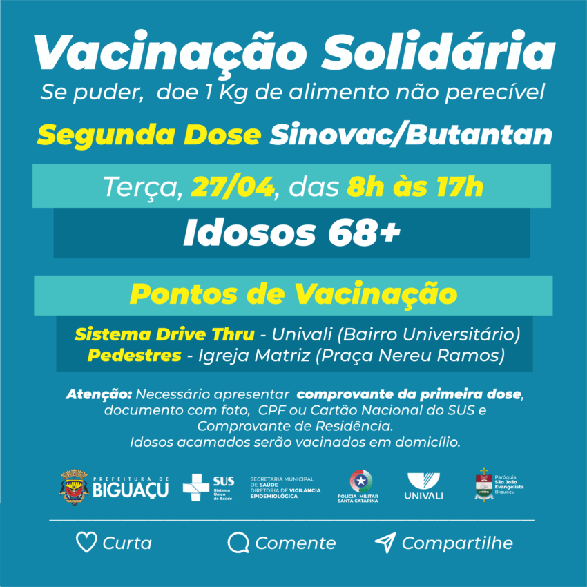 DICOM PMB Biguaçu aplica a segunda dose em idosos com 68 anos ou mais nesta terça-feira