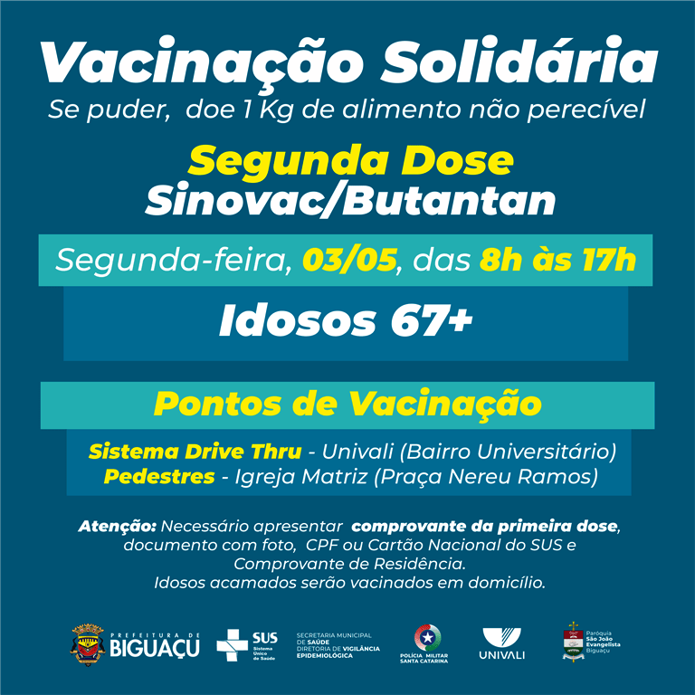 Biguaçu aplica segunda dose da vacina Coronavac-Sinovac-Butantan em idosos com 67 anos ou mais na próxima segunda-feira