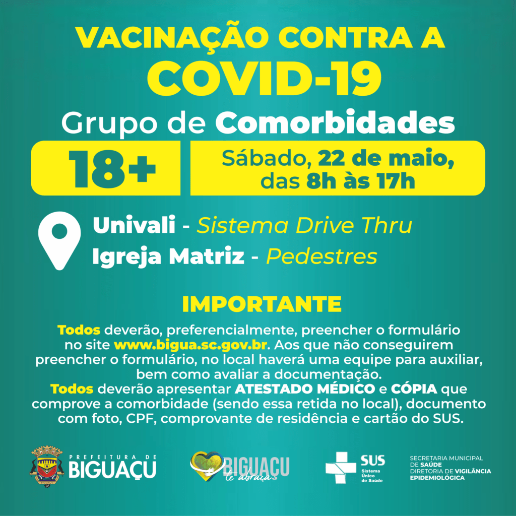 BIGUAÇU DISPONIBILIZA DOIS PONTOS DE VACINAÇÃO PARA PESSOAS COM COMORBIDADES NESTE SÁBADO