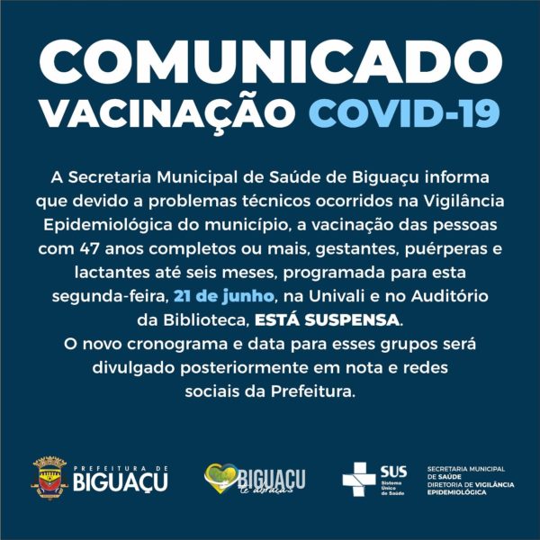 COMUNICADO: SUSPENSA VACINAÇÃO CONTRA A COVID-19 NESTA SEGUNDA-FEIRA