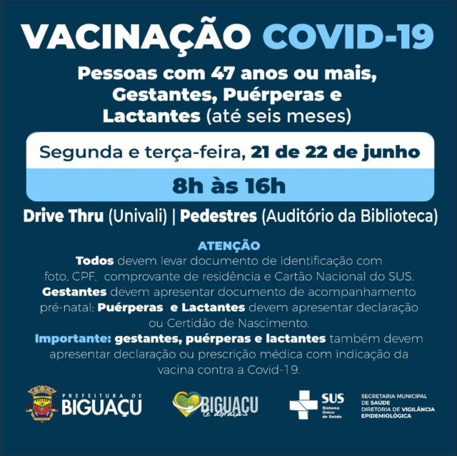BIGUAÇU INICIA VACINAÇÃO DE GESTANTES, PUÉRPERAS E LACTANTES CONTRA A COVID-19
