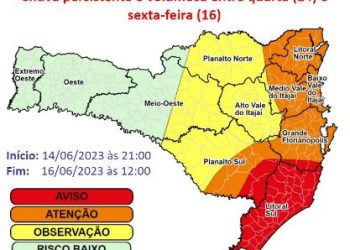 A Defesa Civil de Santa Catarina emitiu um novo alerta, na tarde desta quarta-feira,